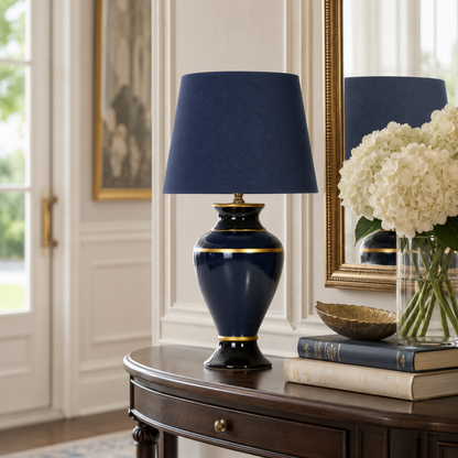 Navy Blue Ceramic Table Lamp with Gold Trim, Glossy Urn Bedside Lamp