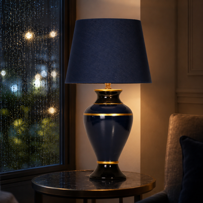 Navy Blue Ceramic Table Lamp with Gold Trim, Glossy Urn Bedside Lamp