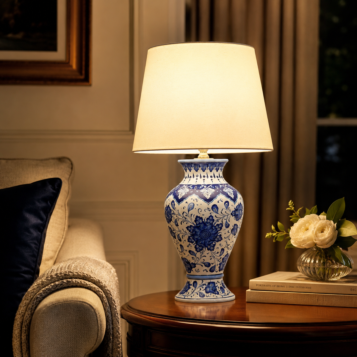 Blue & White Floral Urn Table Lamp, Hand-Painted Ceramic Lamp