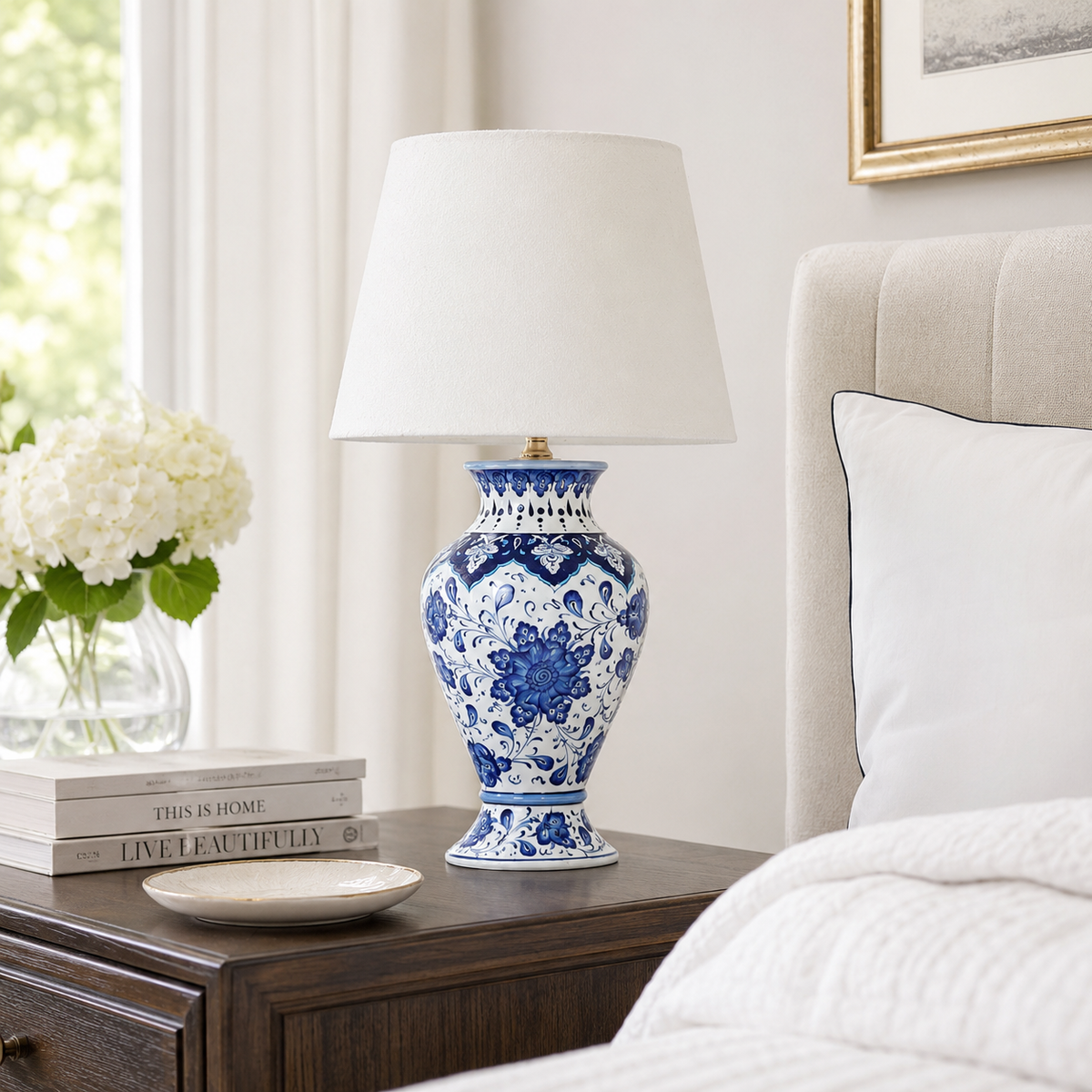 Blue & White Floral Urn Table Lamp, Hand-Painted Ceramic Lamp