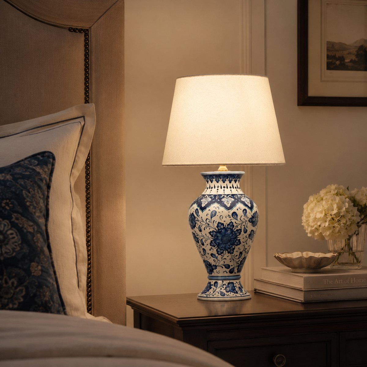 Blue & White Floral Urn Table Lamp, Hand-Painted Ceramic Lamp