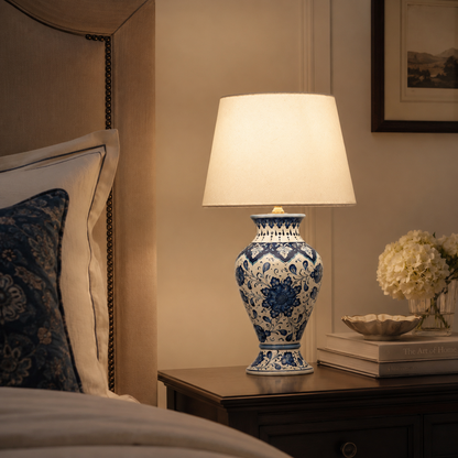 Blue & White Floral Urn Table Lamp, Hand-Painted Ceramic Lamp