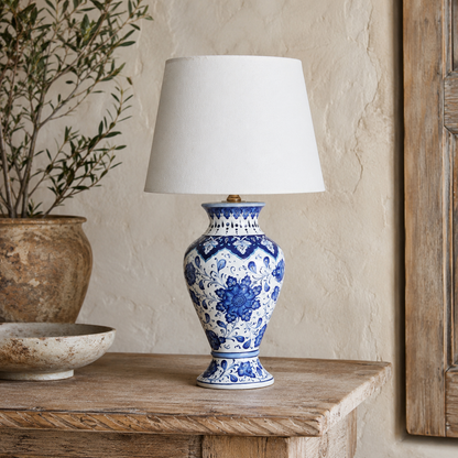 Blue & White Floral Urn Table Lamp, Hand-Painted Ceramic Lamp