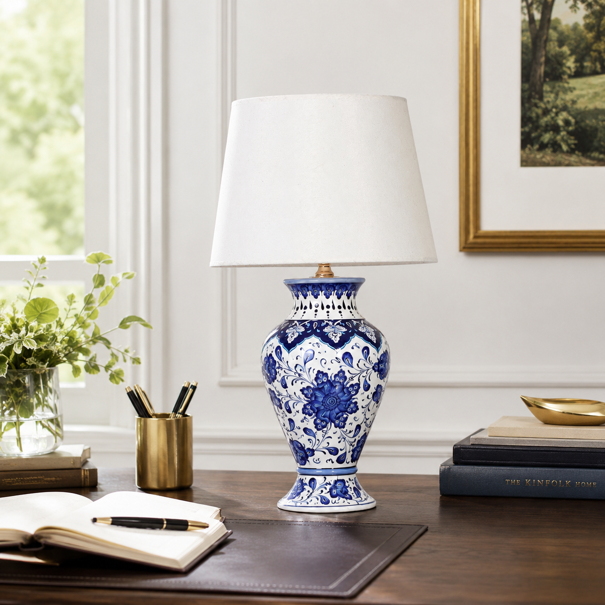 Blue & White Floral Urn Table Lamp, Hand-Painted Ceramic Lamp