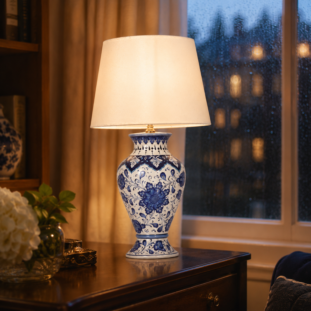 Blue & White Floral Urn Table Lamp, Hand-Painted Ceramic Lamp