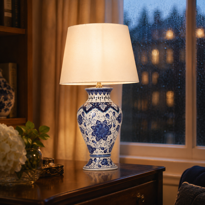 Blue & White Floral Urn Table Lamp, Hand-Painted Ceramic Lamp