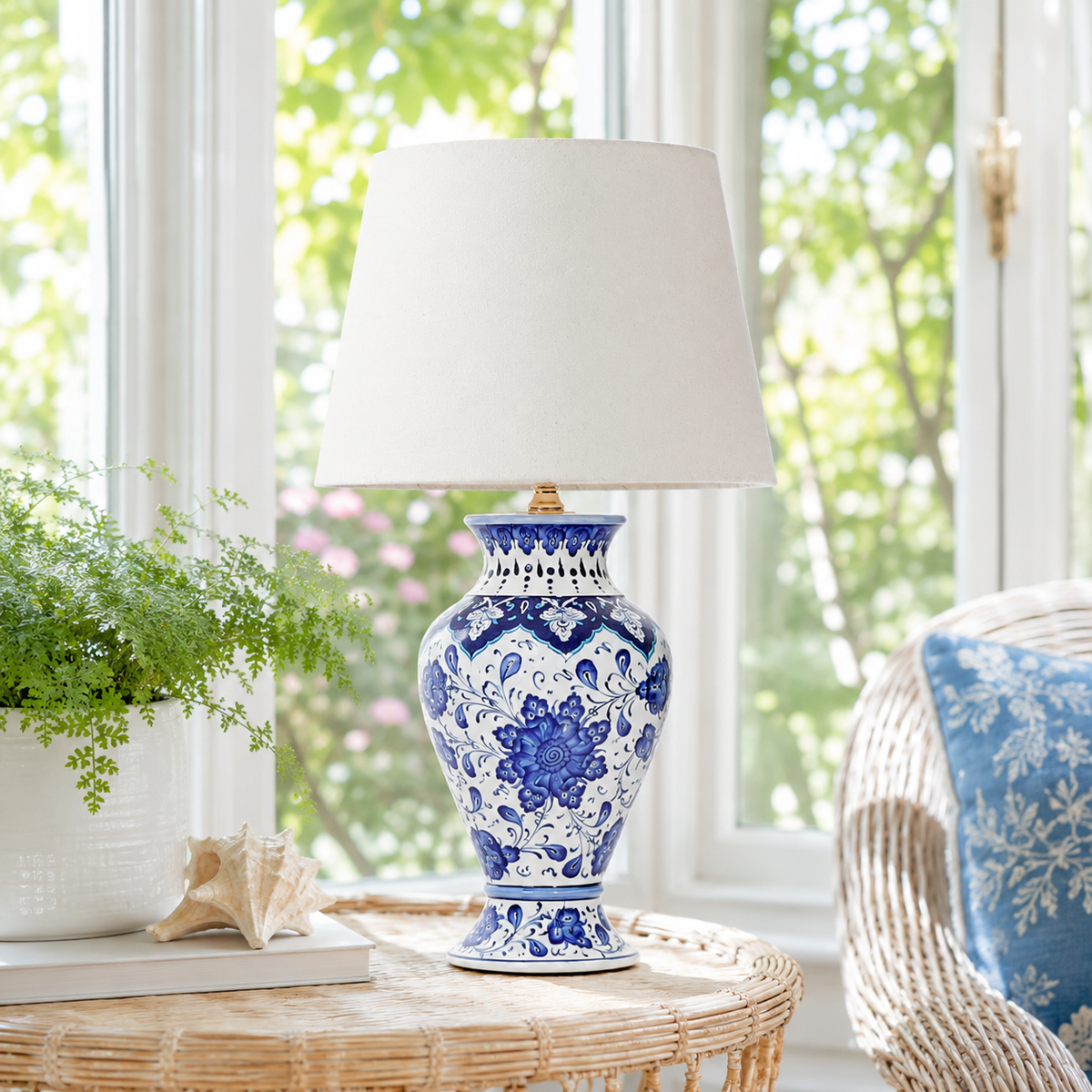 Blue & White Floral Urn Table Lamp, Hand-Painted Ceramic Lamp