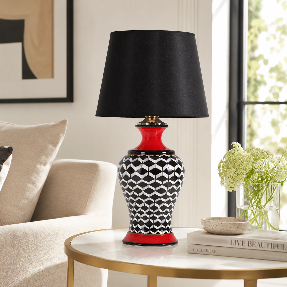 Black & White Ginger Jar Table Lamp with Red Accents, Ceramic Lamp