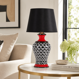 Black & White Ginger Jar Table Lamp with Red Accents, Ceramic Lamp