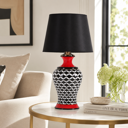 Black & White Ginger Jar Table Lamp with Red Accents, Ceramic Lamp
