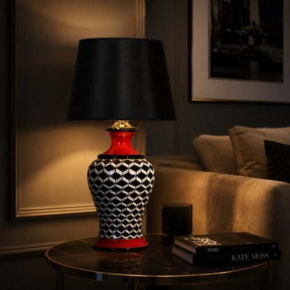 Black & White Ginger Jar Table Lamp with Red Accents, Ceramic Lamp