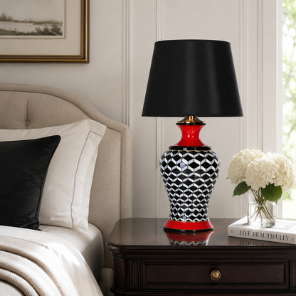 Black & White Ginger Jar Table Lamp with Red Accents, Ceramic Lamp