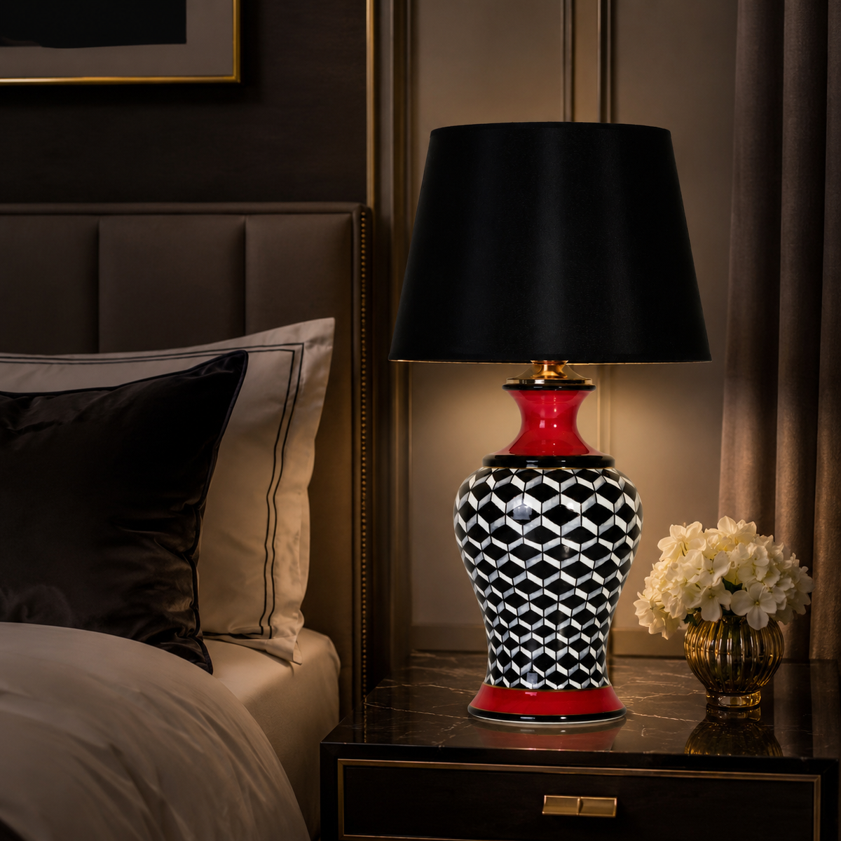 Black & White Ginger Jar Table Lamp with Red Accents, Ceramic Lamp