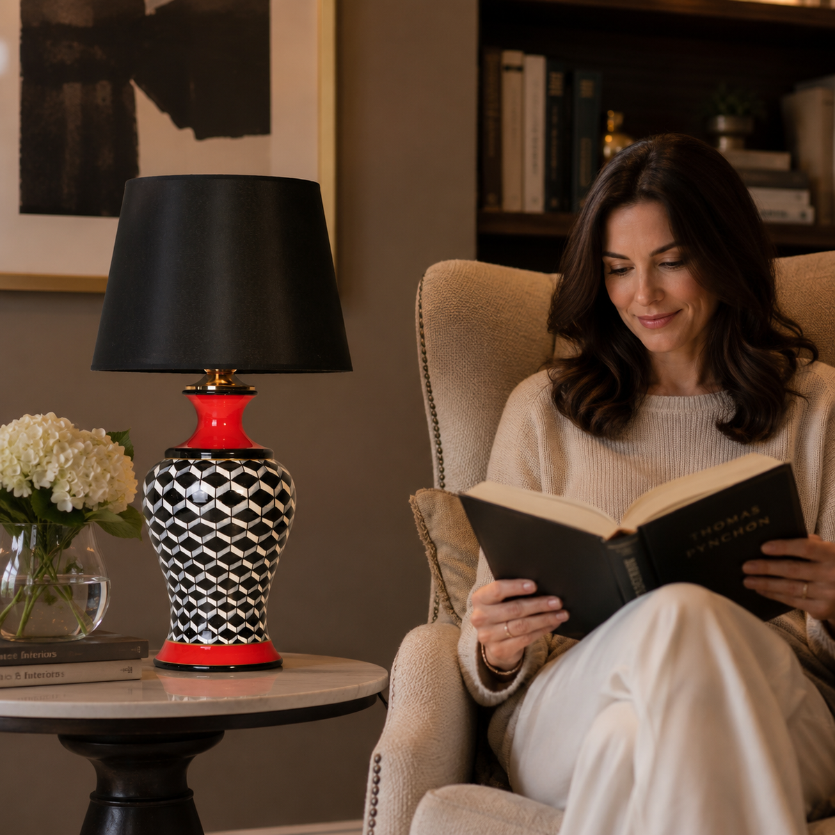 Black & White Ginger Jar Table Lamp with Red Accents, Ceramic Lamp