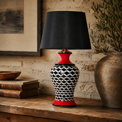 Black & White Ginger Jar Table Lamp with Red Accents, Ceramic Lamp