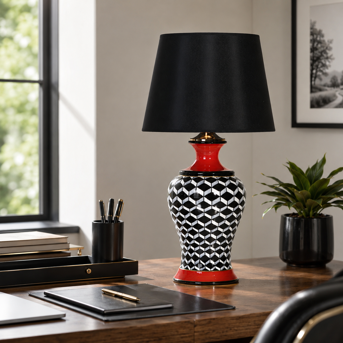 Black & White Ginger Jar Table Lamp with Red Accents, Ceramic Lamp