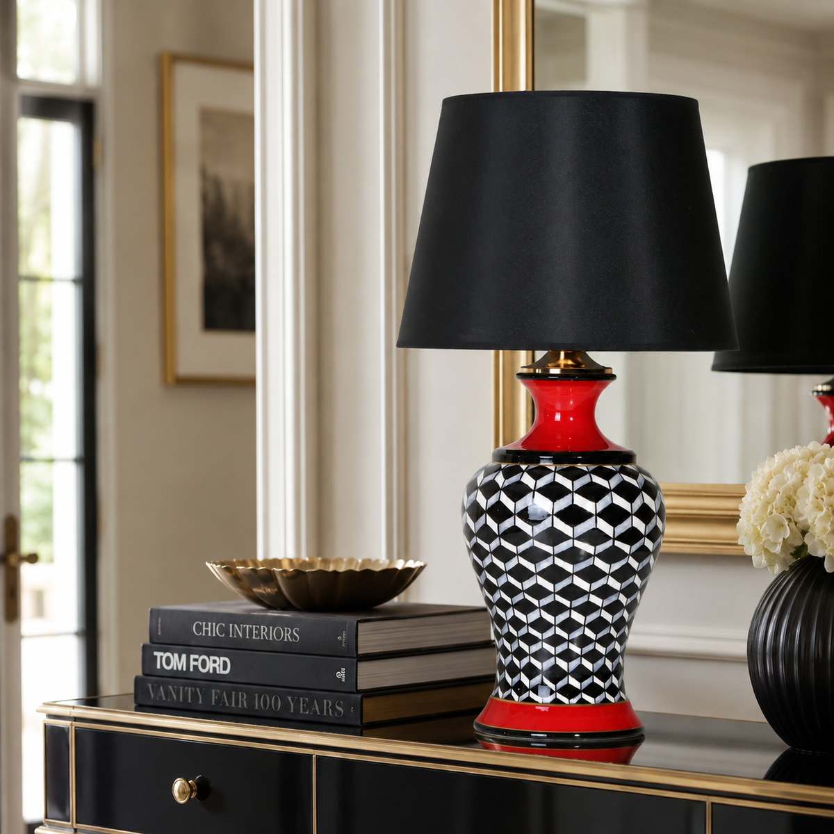 Black & White Ginger Jar Table Lamp with Red Accents, Ceramic Lamp