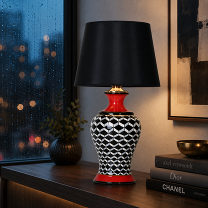 Black & White Ginger Jar Table Lamp with Red Accents, Ceramic Lamp