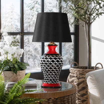 Black & White Ginger Jar Table Lamp with Red Accents, Ceramic Lamp