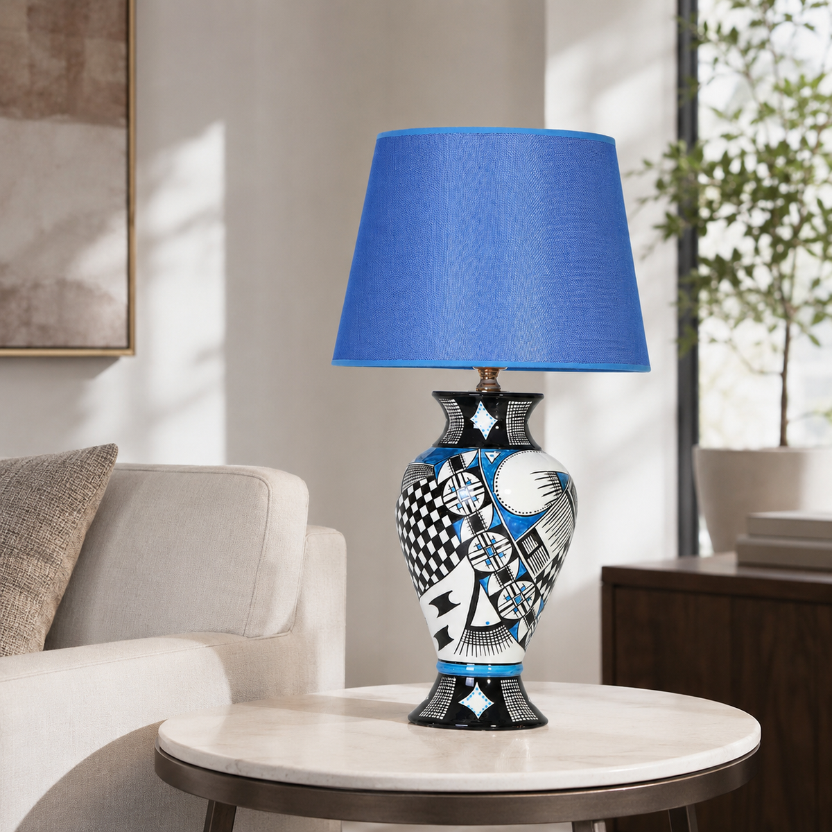 Blue & Black Patchwork Ceramic Table Lamp, Hand-Painted Urn Lamp