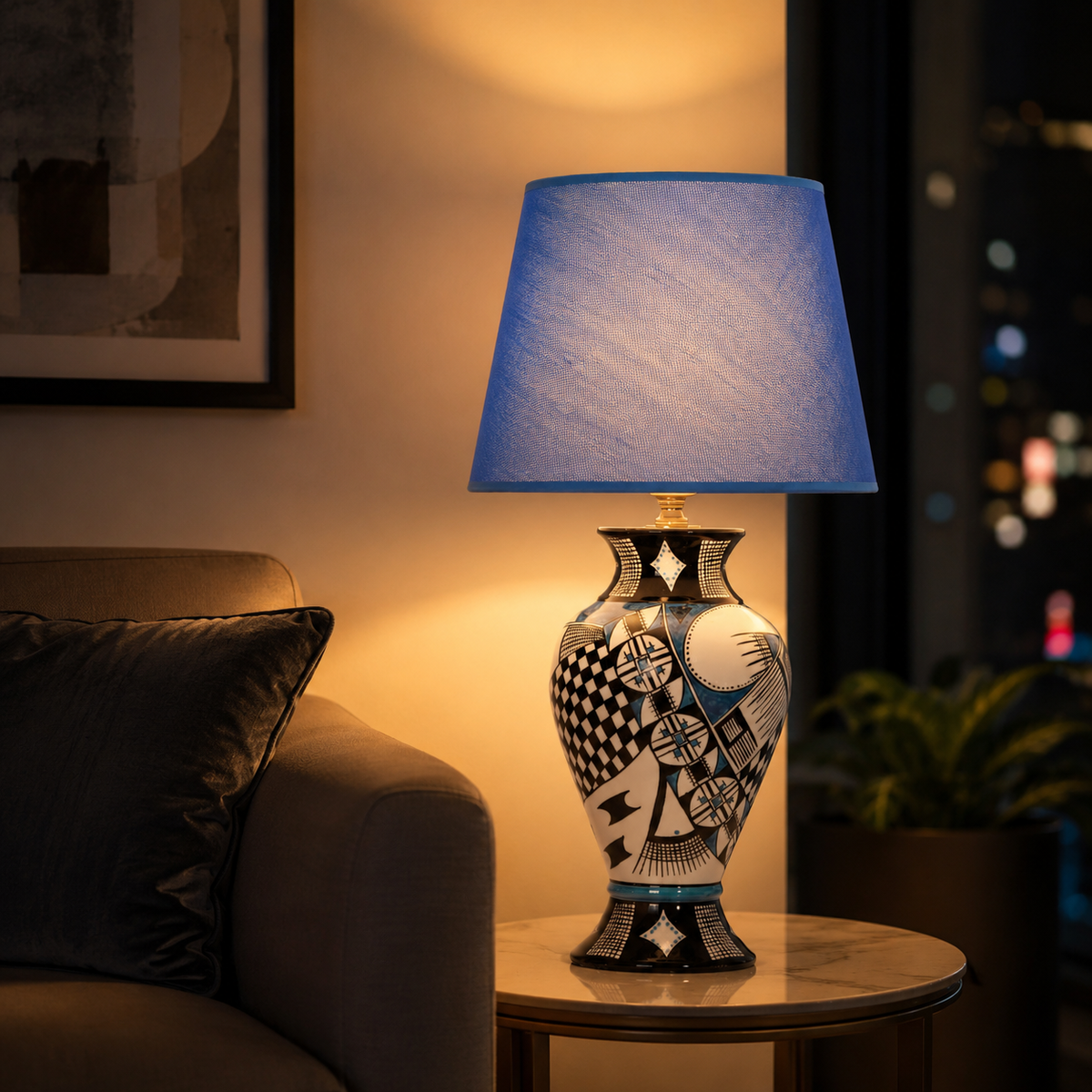 Blue & Black Patchwork Ceramic Table Lamp, Hand-Painted Urn Lamp