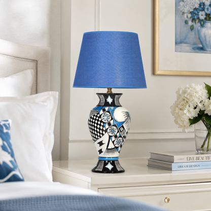 Blue & Black Patchwork Ceramic Table Lamp, Hand-Painted Urn Lamp