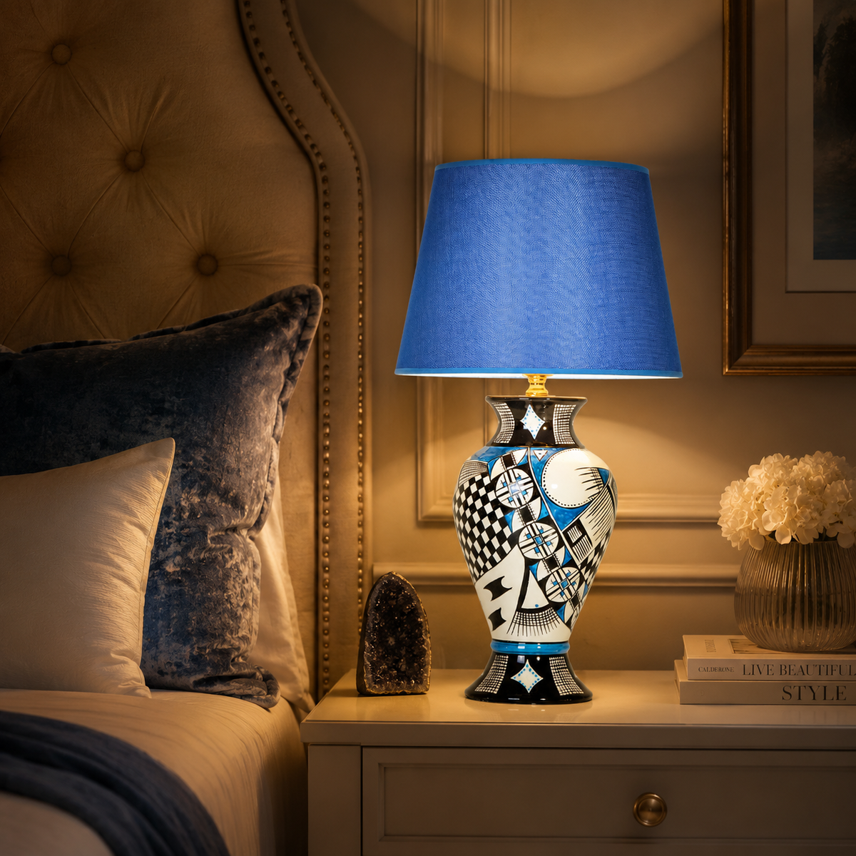 Blue & Black Patchwork Ceramic Table Lamp, Hand-Painted Urn Lamp