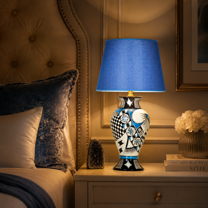 Blue & Black Patchwork Ceramic Table Lamp, Hand-Painted Urn Lamp