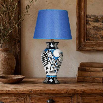 Blue & Black Patchwork Ceramic Table Lamp, Hand-Painted Urn Lamp