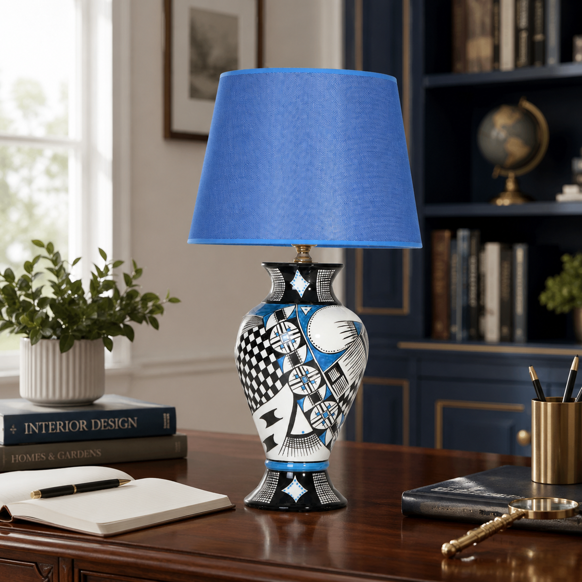 Blue & Black Patchwork Ceramic Table Lamp, Hand-Painted Urn Lamp