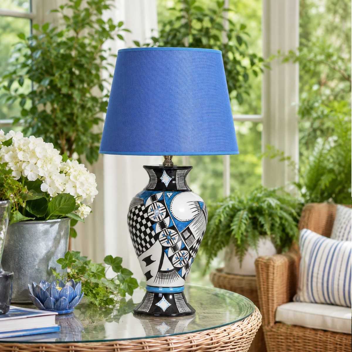 Blue & Black Patchwork Ceramic Table Lamp, Hand-Painted Urn Lamp