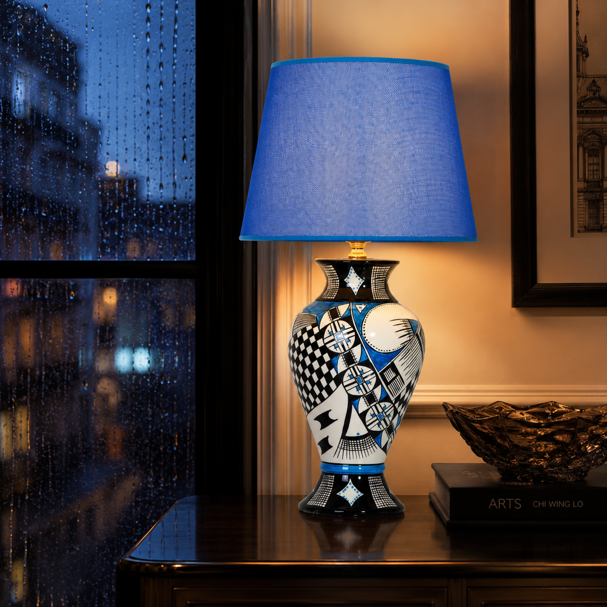 Blue & Black Patchwork Ceramic Table Lamp, Hand-Painted Urn Lamp