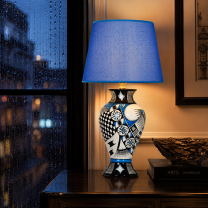 Blue & Black Patchwork Ceramic Table Lamp, Hand-Painted Urn Lamp