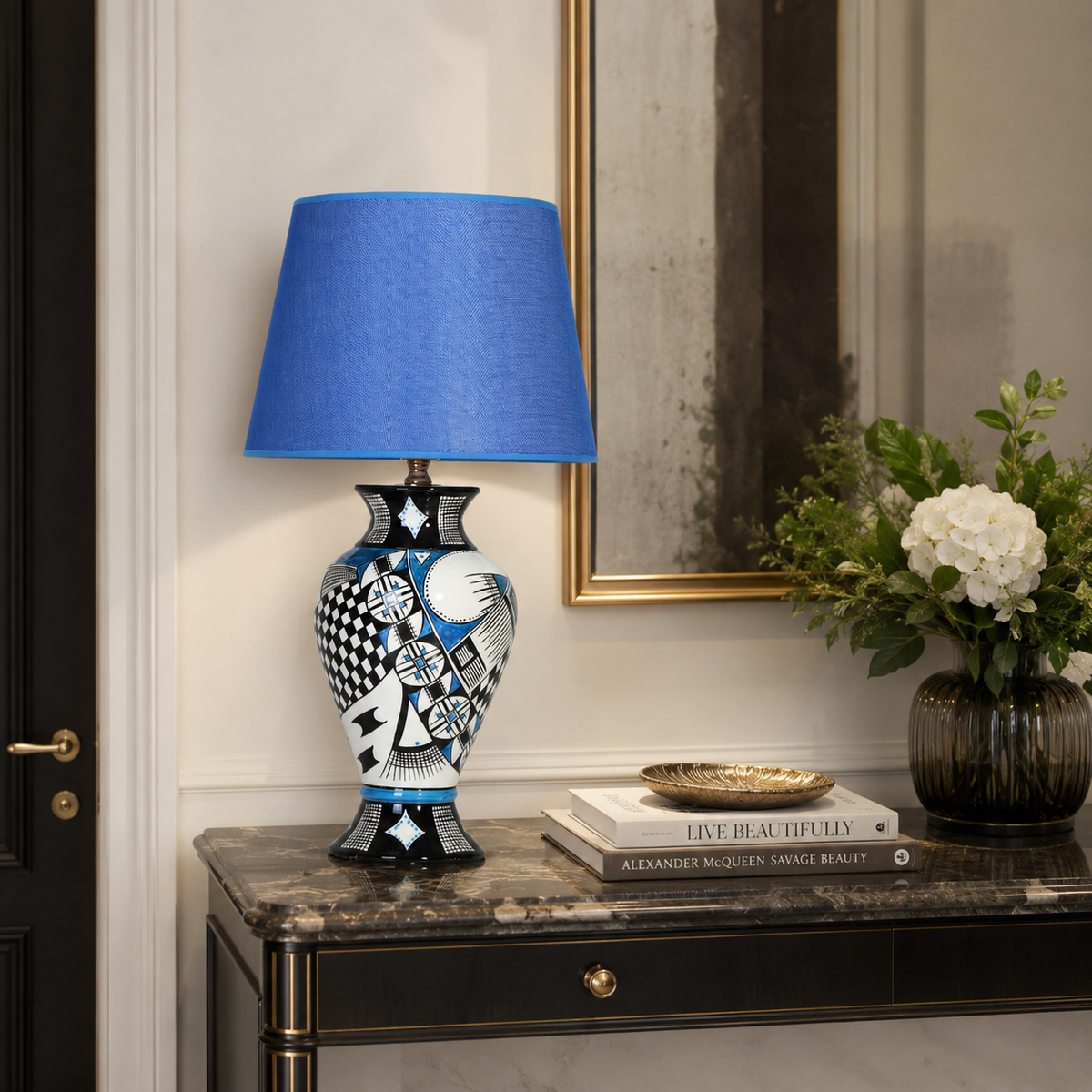 Blue & Black Patchwork Ceramic Table Lamp, Hand-Painted Urn Lamp