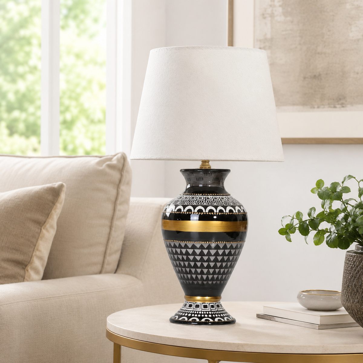 Black & Gold Ceramic Table Lamp with White Shade, Geometric Urn Lamp