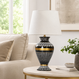 Black & Gold Ceramic Table Lamp with White Shade, Geometric Urn Lamp