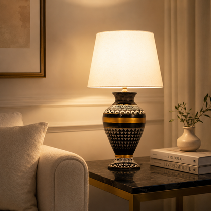 Black & Gold Ceramic Table Lamp with White Shade, Geometric Urn Lamp