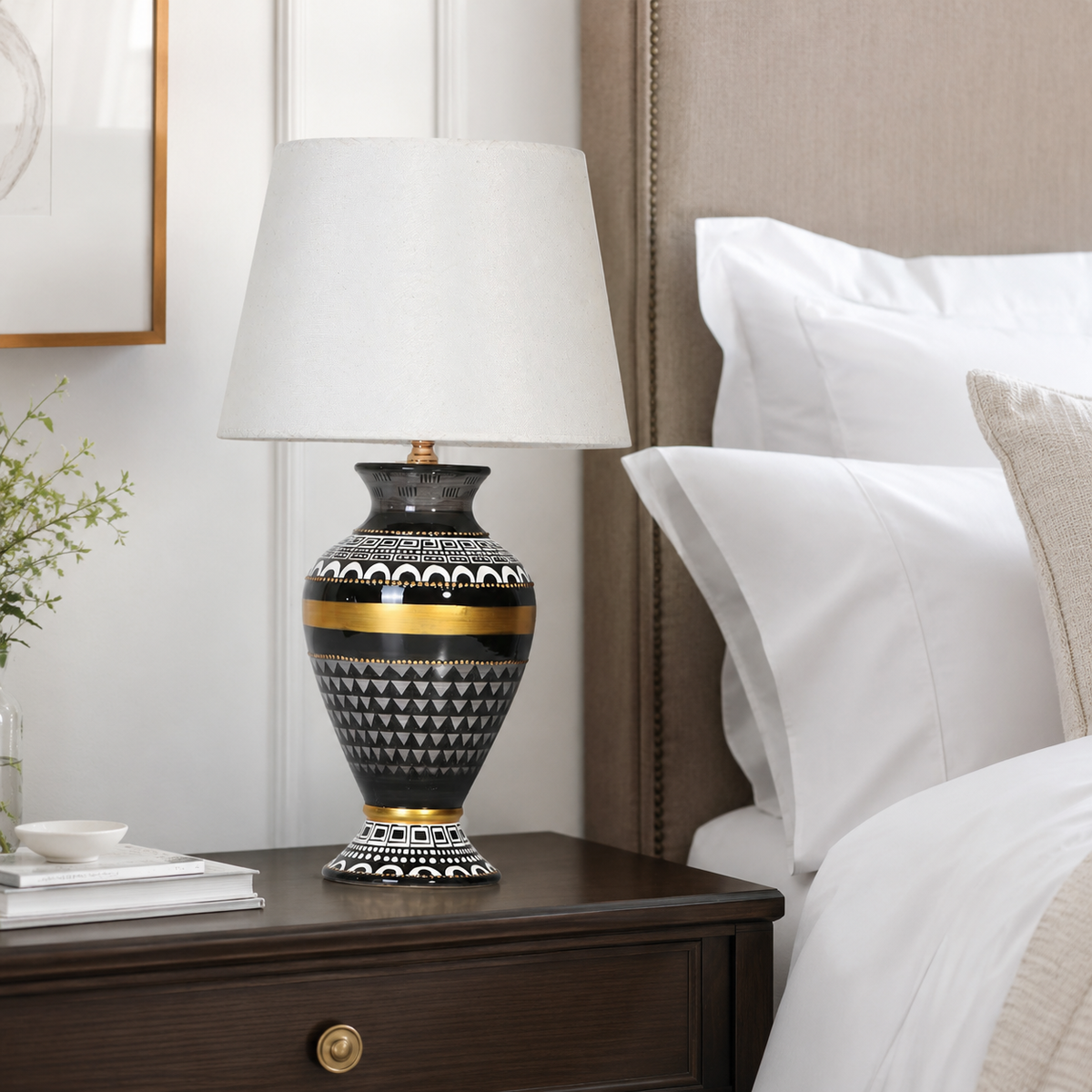 Black & Gold Ceramic Table Lamp with White Shade, Geometric Urn Lamp