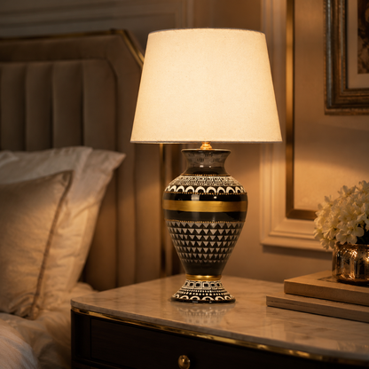 Black & Gold Ceramic Table Lamp with White Shade, Geometric Urn Lamp