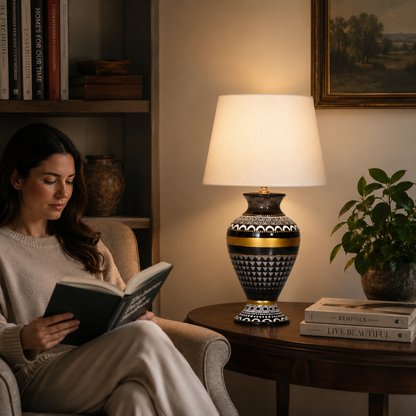 Black & Gold Ceramic Table Lamp with White Shade, Geometric Urn Lamp