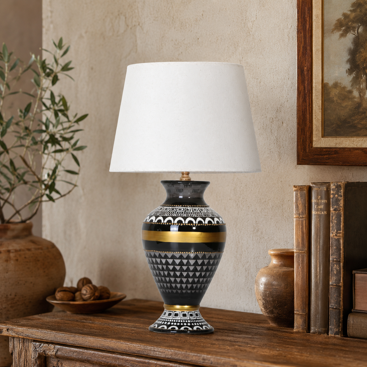 Black & Gold Ceramic Table Lamp with White Shade, Geometric Urn Lamp