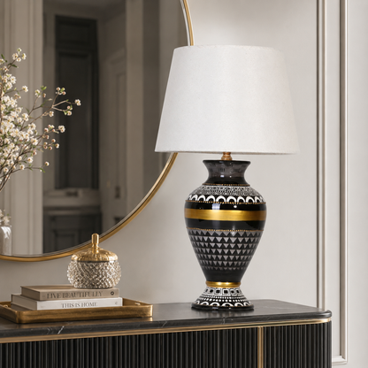 Black & Gold Ceramic Table Lamp with White Shade, Geometric Urn Lamp