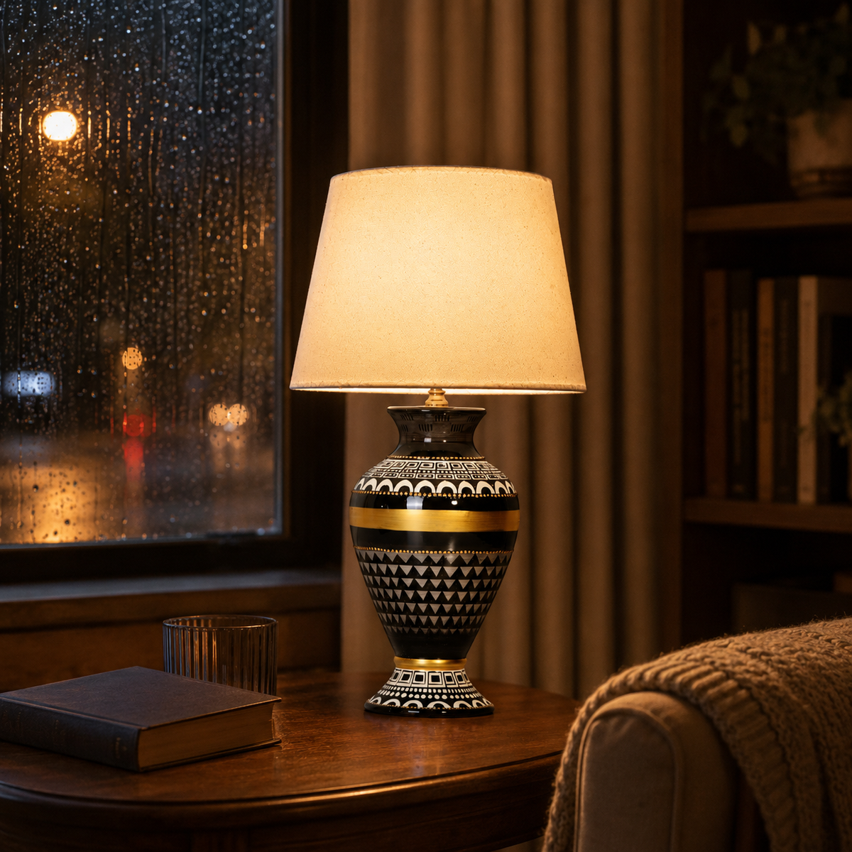 Black & Gold Ceramic Table Lamp with White Shade, Geometric Urn Lamp