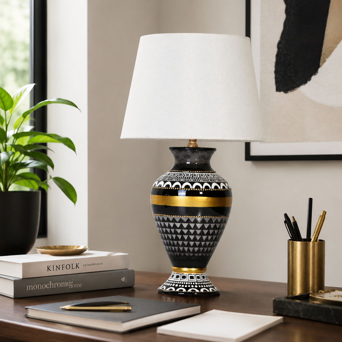 Black & Gold Ceramic Table Lamp with White Shade, Geometric Urn Lamp