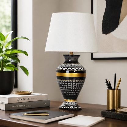 Black & Gold Ceramic Table Lamp with White Shade, Geometric Urn Lamp