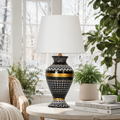 Black & Gold Ceramic Table Lamp with White Shade, Geometric Urn Lamp
