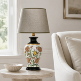 Floral Ceramic Table Lamp with Grey Shade, Hand-Painted Ginger Jar Lamp