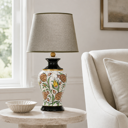 Floral Ceramic Table Lamp with Grey Shade, Hand-Painted Ginger Jar Lamp
