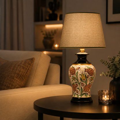 Floral Ceramic Table Lamp with Grey Shade, Hand-Painted Ginger Jar Lamp