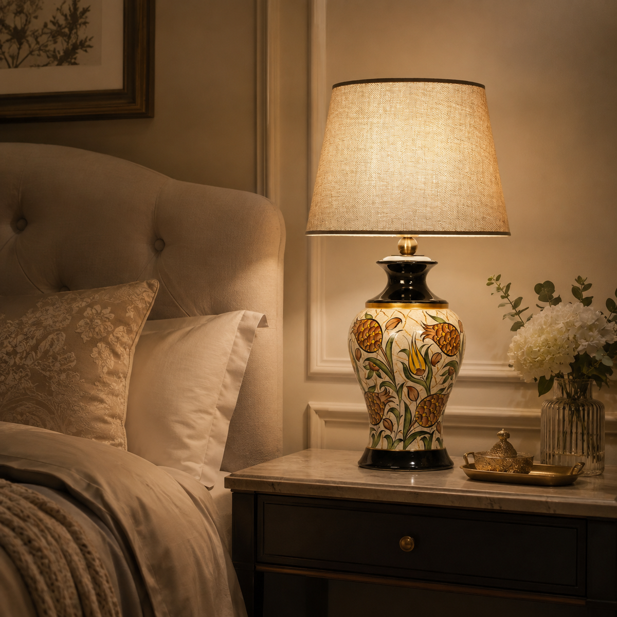 Floral Ceramic Table Lamp with Grey Shade, Hand-Painted Ginger Jar Lamp